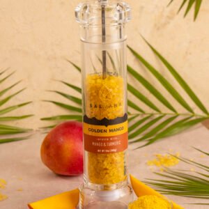 Himalayan pink salt infused with golden mango and turmeric. Refillable grinder jar, 14oz (400g).