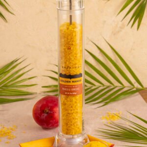 Himalayan pink salt infused with golden mango and turmeric. Refillable grinder jar, 21oz